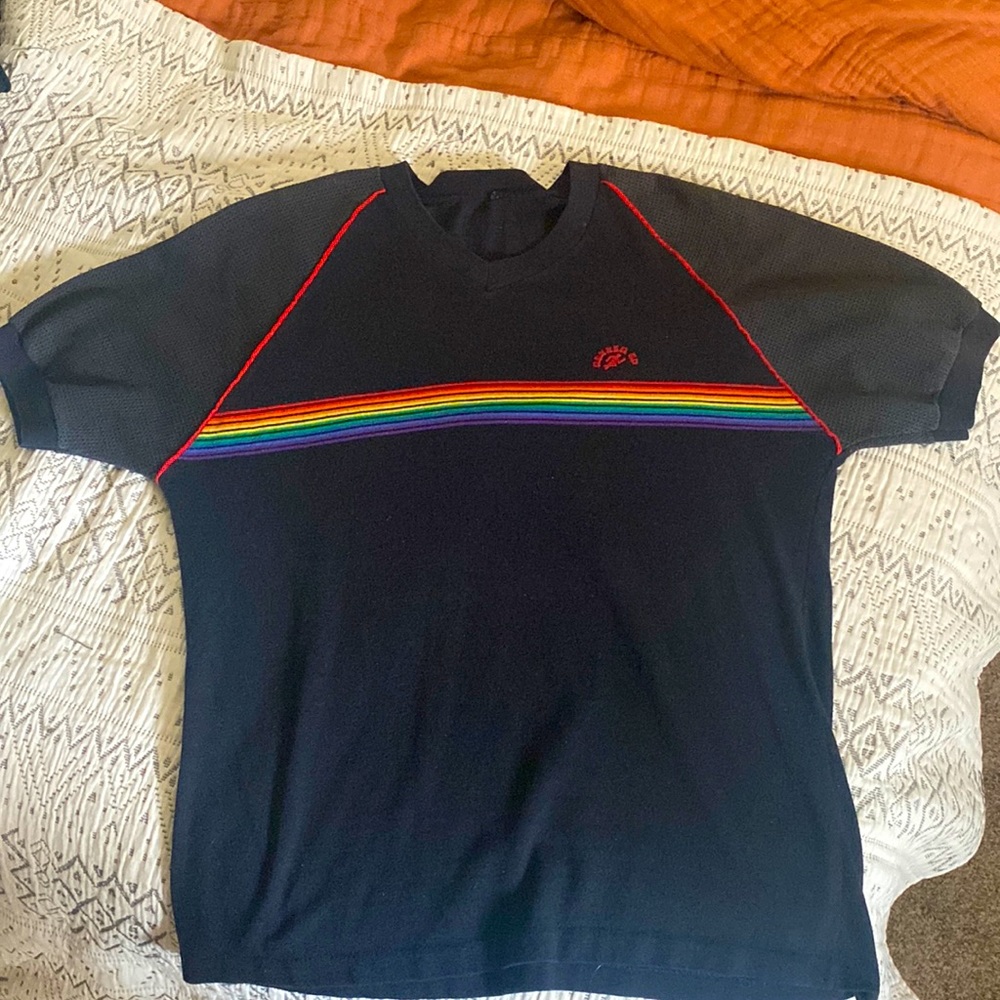 Vintage Runner Up USA V Neck Raglan T-Shirt 70s Rainbow Stripe/netted sleeve
